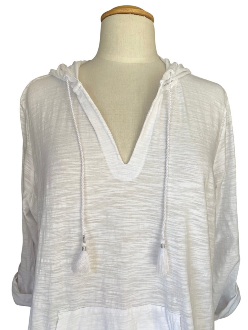 J. Jill Tab Sleeve Knit Hoodie 100% Cotton White Lightweight Pullover Beach-XL - Picture 2 of 10